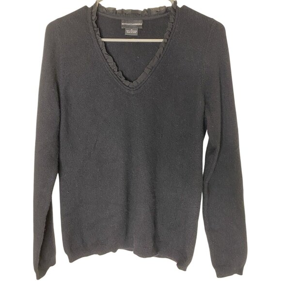 Sutton 100% Cashmere V-Neck Sweater • Ruffle Detail • Black • M • Minimalist - Picture 1 of 4